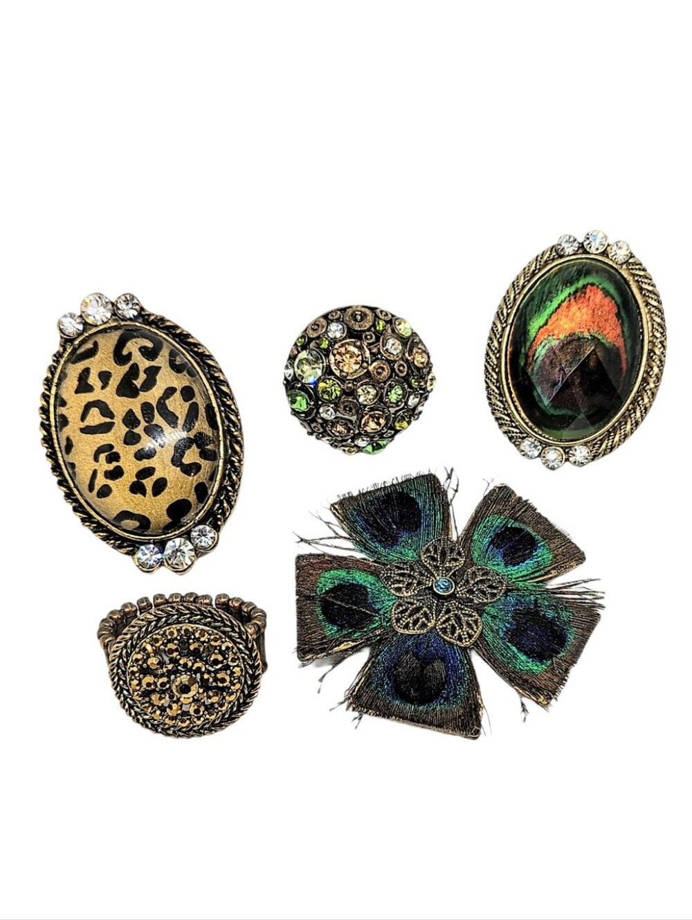 🦚 5pc Fashion Rings Animal Print Peacock Rhinestone Costume Cocktail Ring Lot